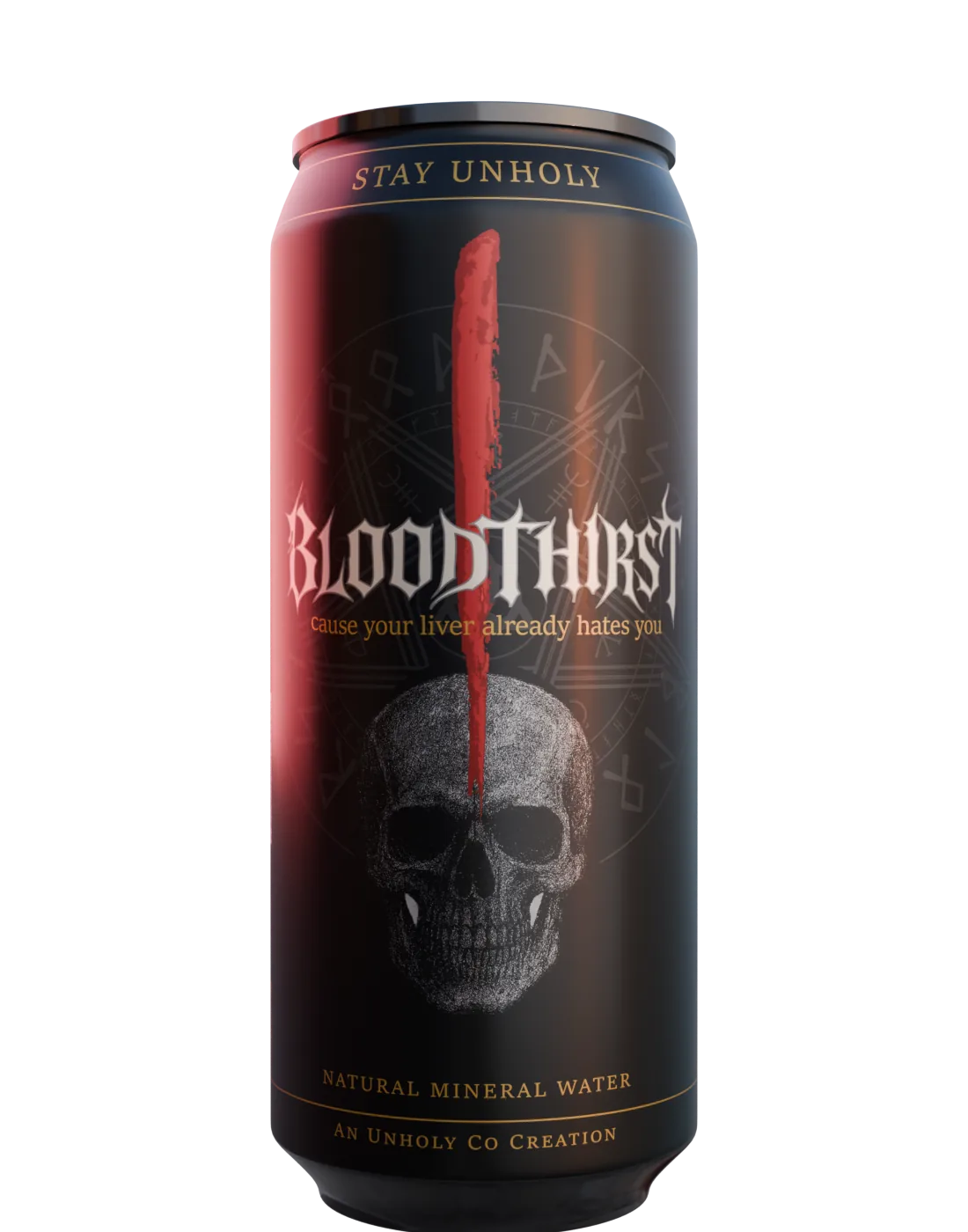 BloodThirst — matte-black 500ml can of natural mineral water