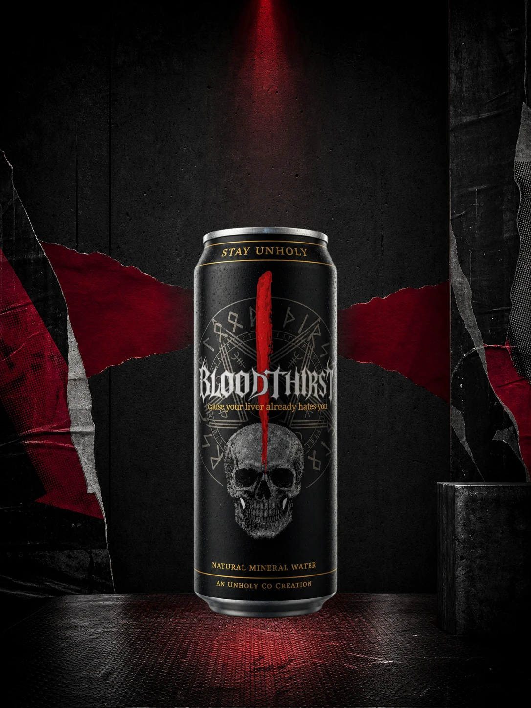 A BloodThirst Batch 001 can staged in a brutalist black-and-crimson release set