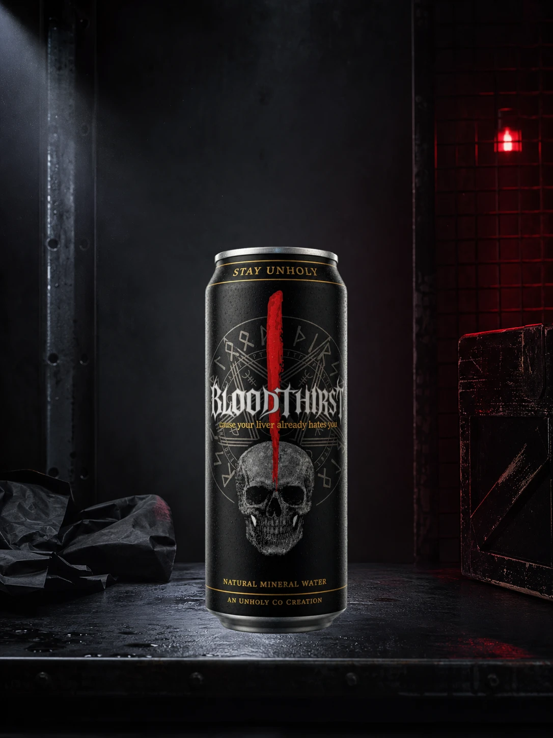 The exact BloodThirst Batch 001 can on an archival packing table