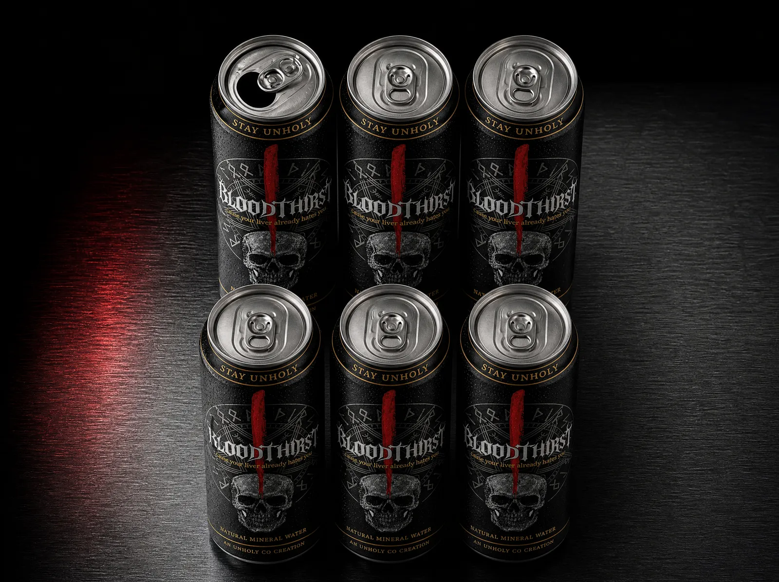 Six BloodThirst cans seen from above, one opened